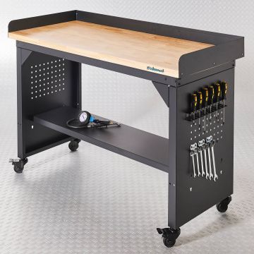 Werkbank PRO - eiken werkblad - legbord verrijdbaar - 150 cm - zwart