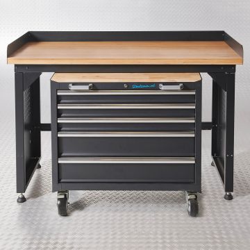 Werkbank PRO - bamboe werkblad - gereedschapswagen - 150 cm - zwart