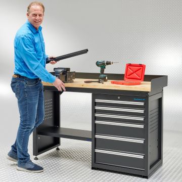 Werkbank PRO - eiken werkblad - 6 lades - 150 cm - zwart