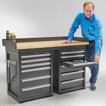 Werkbank PRO - eiken werkblad - 12 lades - 150 cm - zwart