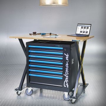 Industriële werktafel 120 cm en gereedschapswagen