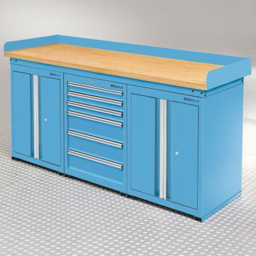 Werkbank PRO Eiken - 6 laden - 2 opbergkasten - 200 cm - blauw