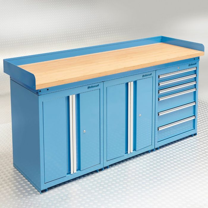 Werkbank PRO bamboe - 2 opbergkasten en ladenkast - 200 cm - blauw