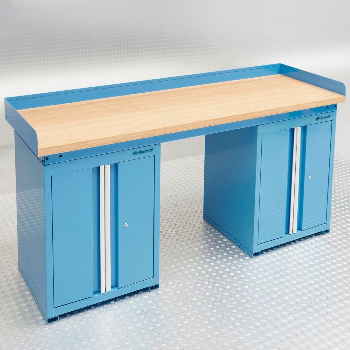 Werkbank PRO bamboe - 2 opbergkasten - 200 cm - blauw