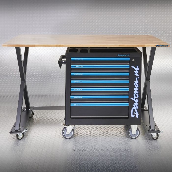 Industriële werktafel 160 cm en gereedschapswagen